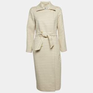 Max Mara Beige/White Stripe Wool Double Breasted Belted Trench Coat S
