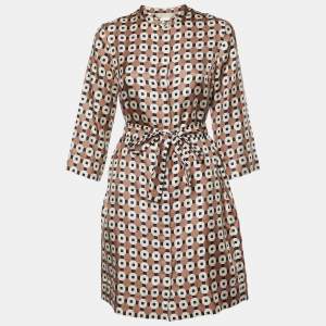 S'Max Mara Brown Geometric Print Silk Belted Shirt Dress S