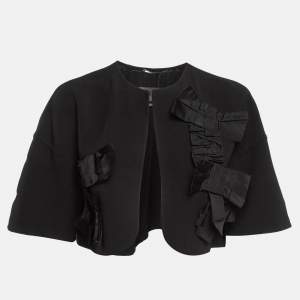 Max Mara Black Wool Front Open Ribbon Work Cropped Jacket S