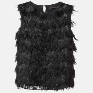 Max Mara Black Lurex Silk Fringed Sleeveless Top L