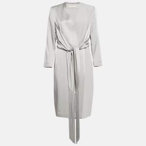 Max Mara Grey Crepe Fringe Cuff Detail Wrap Dress L