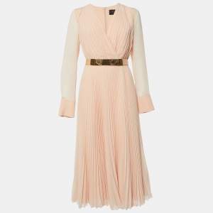 Max Mara Light Orange Pleated Georgette Belt Detail Sidra Midi Dress M