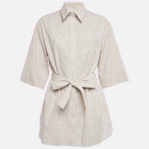 Max Mara Leisure Beige Seersucker Stripe Cotton Tie-Up Waist Detail Shirt L