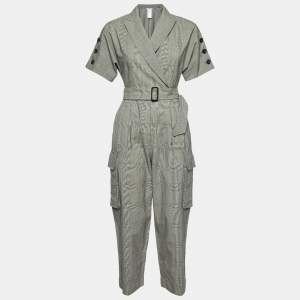 Max Mara Grey Check Virgin Wool Belted Jumpsuit S