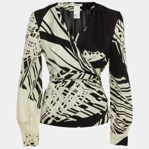 Max Mara Monochrome Printed Silk Wrap Top M
