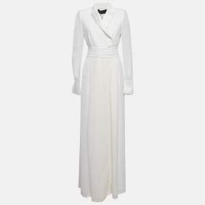 Max Mara White Satin and Silk Fringed Long Sleeve Maxi Dress M