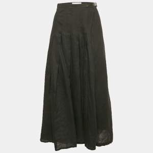 Max Mara Black Linen Pleated Maxi Wrap Skirt L