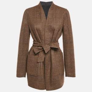 Max Mara Navy Blue & Brown Patterned Intarsia Wool Reversible Belt Coat M  