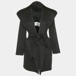 Pre Owned Max Mara Black Camel Hair Open Front Hooded Coat S