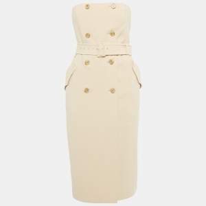 Pre Owned Max Mara Beige Crepe Strapless Double Breasted Midi Dress S 