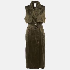 Pre Owned Max Mara Olive Green Silk Sleeveless Trench Midi Dress XL