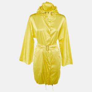 Pre Owned Max Mara City Yellow Stretch Satin Hooded Belted Coat S