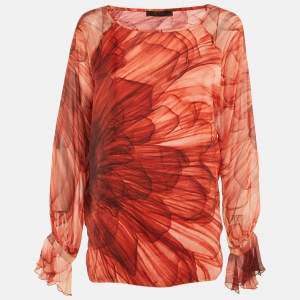 Pre Owned Max Mara Red Floral Print Silk Blouse L