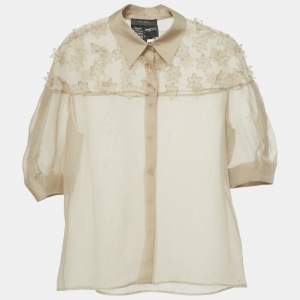 Pre Owned Max Mara Beige Floral Applique Organza Silk Sheer Shirt XS