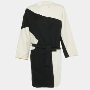 Pre Owned Max Mara White/Black Striped Wool Belted Cardigan M