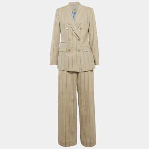 Pre Owned Max Mara Beige Pin Stripe Wool Double Breasted Tailored Suit M/Waist 32"