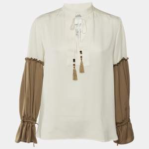 Pre Owned Max Mara Cream & Brown Silk Tie Detail Top S