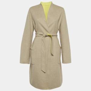 مملوكة مسبقًا Max Mara Beige/Neon Green Wool Belted Coat XL