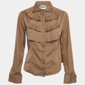 Pre Owned Max Mara Brown Cotton Frilled Shirt M