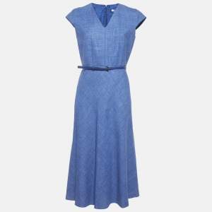 مملوكة مسبقًا فستان ميدي مزيج كتان مزين بحزام ماكس مارا أزرق مقاس متوسط (ميديم)