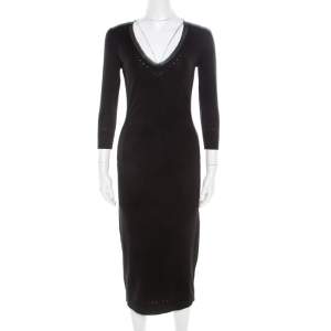 Max Mara Black Perforated Knit Detail Ruched V-Neck Dress S