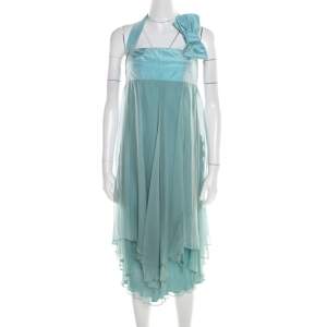 Pre Owned Max Mara Pale Blue Silk Organza Draped Bow Detail Halter Dress M