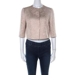 Max Mara Cream Lurex Floral Pattern Jacquard Cropped Jacket S 