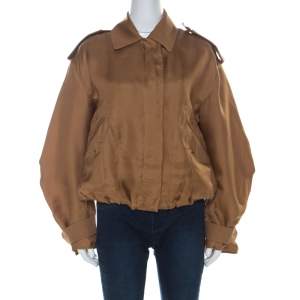 Max Mara Beige Silk Organza Detachable Hood Bomber Jacket M 
