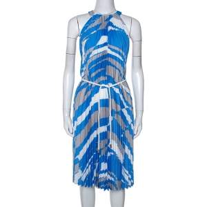 Max Mara Blue Plisse Belted Sleeveless Dress M