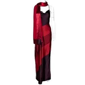 Max Mara Maroon Color Blocked Satin Shawl & Dress Set M