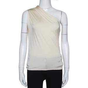 Pre Owned Max Mara Cream Jersey Ruched One Shoulder Top S