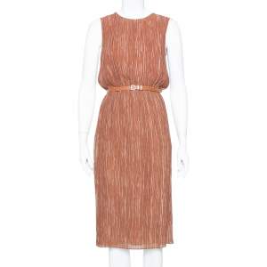Pre Owned Max Mara Brown Plisse Belted Sleeveless Dress S
