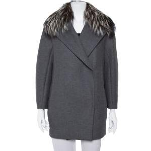 Max Mara Atelier Grey Collar Fur Lined Double Breasted Jacket S