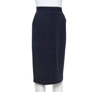 Pre Owned Max Mara Navy Blue Striped Wool Pencil Skirt M