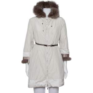 Pre Owned Max Mara The Cube Cream Quilted Fur Lined Hooded Jacket M