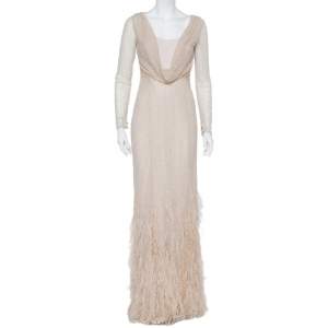 Max Mara Beige Tulle Sequin & Feather Embellished Gown S
