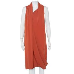 Pre Owned Max Mara Brown Crepe Asymmetric Draped Balloon Midi Dress L