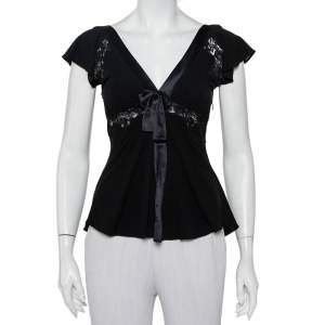 Pre Owned Max Mara Black Knit & Lace Trim Bow Detail Top S