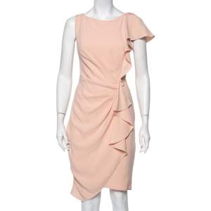 Max Mara Pink Crepe Drape Detail Ruffled Midi Dress L