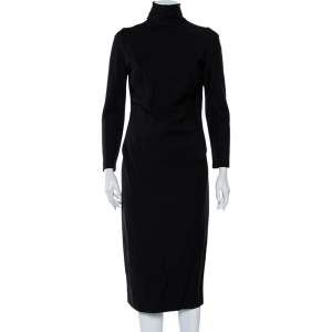Pre Owned Max Mara Black Wool High Neck Open Neck Midi Dress L