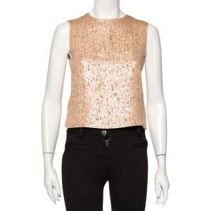 Pre Owned Max Mara Beige Lamé Sleeveless Top S