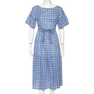 Weekend Max Mara Blue Mosaic Print Cotton Pleated Hem Detail Long Dress L
