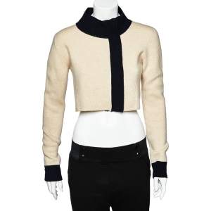 Max Mara Beige Wool & Cashmere Contrast Trim Zip Front Cropped Cardigan L