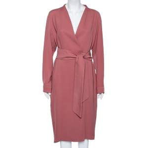 Max Mara Dusty Pink Silk Faux Wrap Belted Robe Dress L