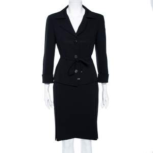 Max Mara Black Crepe Button Front Belted Blazer And Skirt Set M