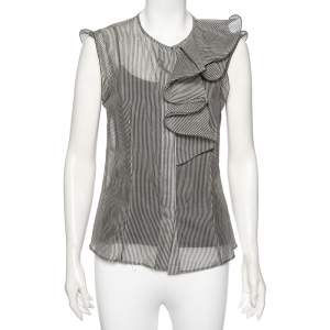 Max Mara Monochrome Striped Silk And Cotton Ruffled Sleeveless Sheer Top M