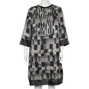Max Mara Monochrome Printed Silk Embellished Neck Detailed Dress L