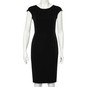 Max Mara Black Crepe Pleated Neck Sheath Dress M