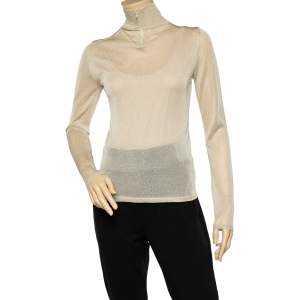 Max Mara Beige Sheer Lurex Knit Turtle Neck Long Sleeve Top M