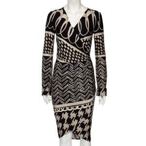 Max Mara Monochrome Printed Jersey Long Sleeve Draped Dress M
